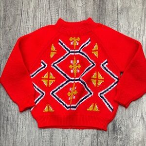 Made in Greece Red Kids Sweater Geometric Design small shoulder zipper 24 mo sz